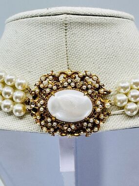 VTG Florenza Necklace Faux Pearl Cabochon Clasp Three Strand 8mm Estate Jewelry